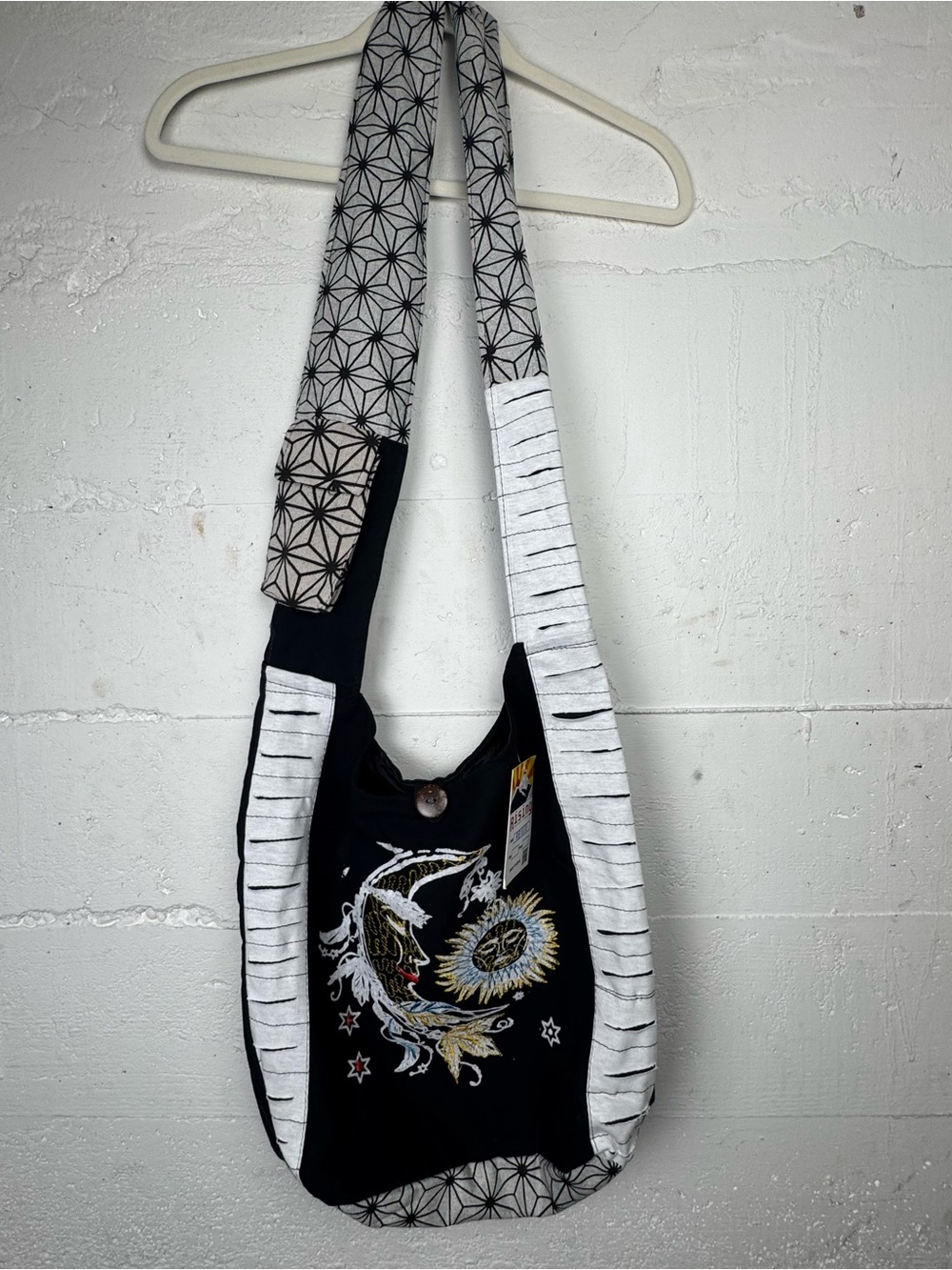 Rising International Kantha Bag boho Black Embroidered Sun & Moon Crossbody Bag